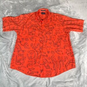 Vintage Levis Abstract Button Shirt Mens L Short Sleeve Art Faded Orange 90s